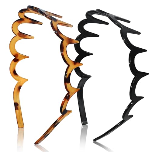 2026 Zigzag Headbands for Women, 2-Pack U-Shaped Hair Comb Headbands, Non-Slip Slick-Back Hair Accessories, Black & Tortoise Recycled Plastic, Teeth Hairband for Everyday Styling & Workout - color: Black & Tortoise
