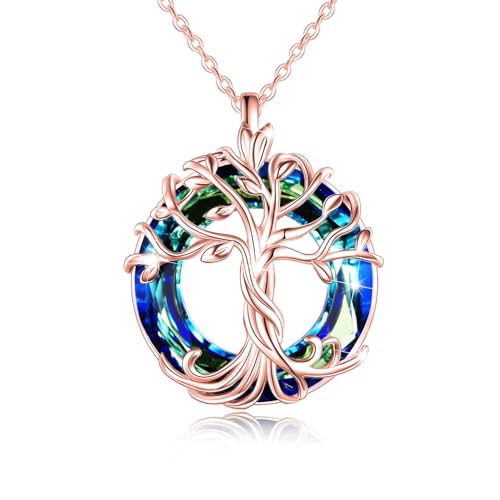 TOUPOP Tree of Life Necklace Gifts for Women 925 Sterling Silver Family Tree Pendant with Crystal Birthday Irish Jewelry Gifts for Women Her Wife Mom - color: 02-Rose Gold-Blue Crystal