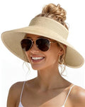 Womens Sun Visor Hats Wide Brim Straw Beach Hat UV Protection Ponytail Packable Beach Vacation Essentials - color: Beige