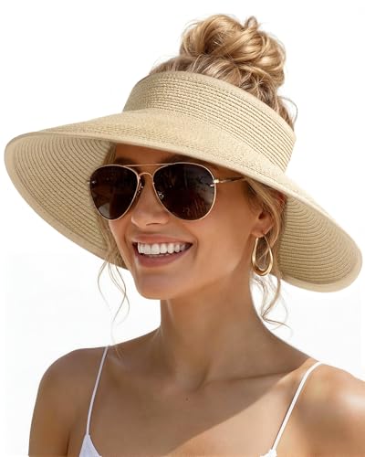 Womens Sun Visor Hats Wide Brim Straw Beach Hat UV Protection Ponytail Packable Beach Vacation Essentials - color: Beige
