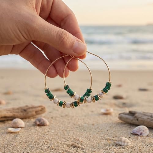 Natural Stone Beaded Hoop Earrings for Women, Boho Handmade Lightweight Hypoallergenic Trendy Summer Beach Accessories Fashion Jewelry Gift - color: Green