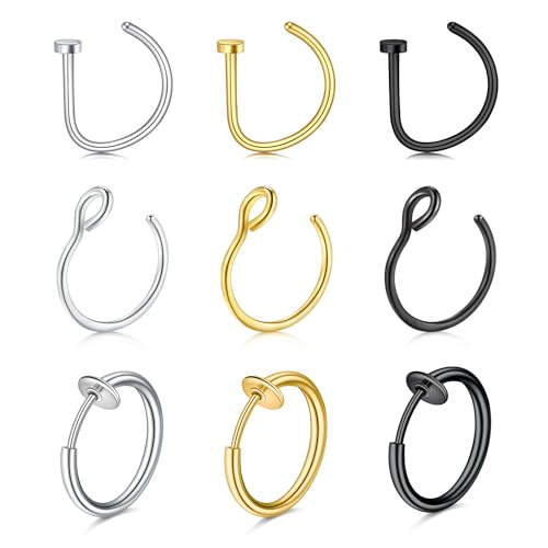 MODRSA Fake Nose Stud Fake Nose Ring Stud Fake Nose Piercing Fake Lip Ring Fake Earrings Stud Silver Gold Fake Cartilage Helix Earring Clip on Earring Hoop Fake Eyebrow Ring Fake Bridge Piercing - color: C3-hoops- silver black gold