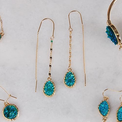 Simulated Druzy Threader Earrings for Women - Gold, Silver, or Rose Gold Tone Long Chain Earrings with Boho Created Geode Stone - color: Gold - Blue Green Stone