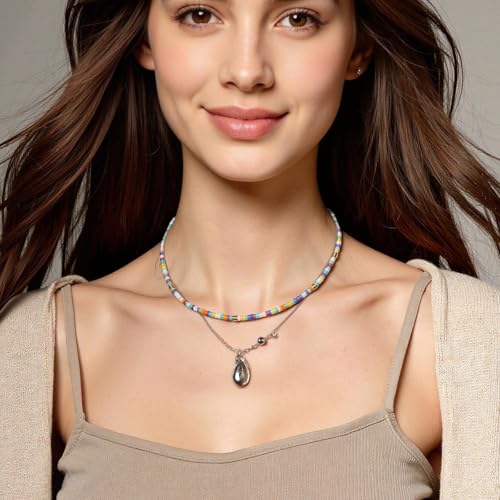 Beaded Gemstone Necklaces for Women Colorful Boho Choker Necklace Beauty And Spirit For Women (blue-silver) - color: mix-blue