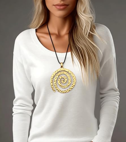 PU Leather Necklace Vintage Boho Style Multilayer Pendant Long Sweater Necklace Jewelry for Women Men with Adjustable Leather Cord - color: Gold Unique Round Leather Necklace