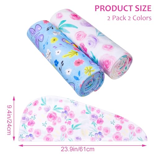Basumee Microfiber Hair Towel Wrap for Kids 2 Pack Rapid Drying Hair Towel with Button Hair Turbans for Wet Hair Wraps Head Towel Wrap for Women and Girls, Flower - color: Flower and Butterfly
