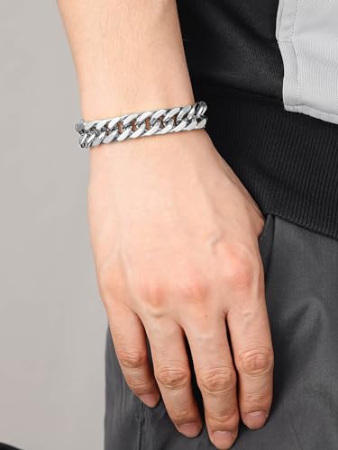 ChainsHouse Stainless Steel Cuban Link Bracelet, 8mm/12mm/17mm Width, 7.5"/8.3"/9", 18K Gold Plated Chain Wrist Bracelets for Men Women, Send Gift Box - color: Q: Steel-12mm width-custom