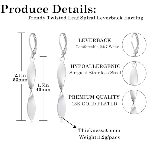 Twisted Leaf Spiral Leverback Hypoallergenic Earrings For Women -18K Gold Plated And Silver Dangle Drop Earrings, Trendy Jewelry Gift - color: GOLD