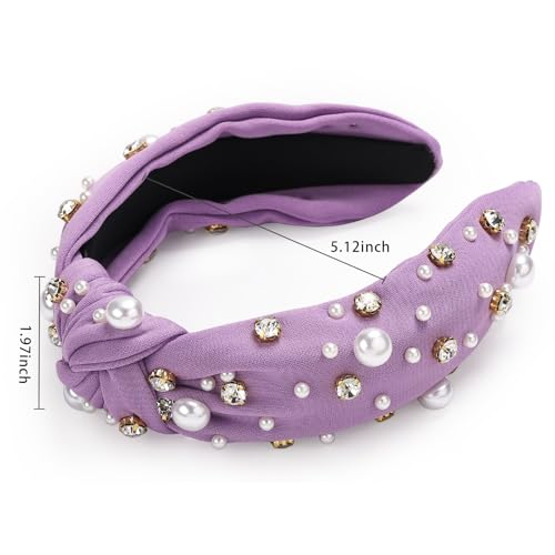 WantGor Pearl Knotted Headband, Women Rhinestone Embellished Hairband Elegant Wide Top Knot Bride Headbands Headpieces Party Fashion Elegant Ladies Hair Band Hair Hoop Accessories (Purple) - color: Purple