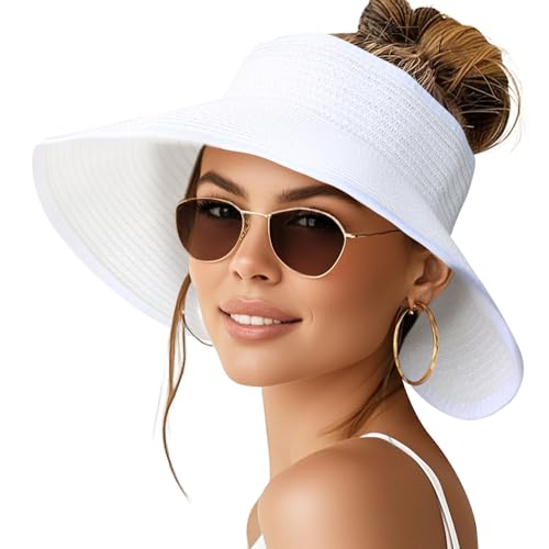 NPQQUAN Sun Visor Hats for Women Wide Brim Ponytail Straw Beach Hat Packable Foldable UPF 50+ Floppy Travel Hats - color: (White)), style: Classic