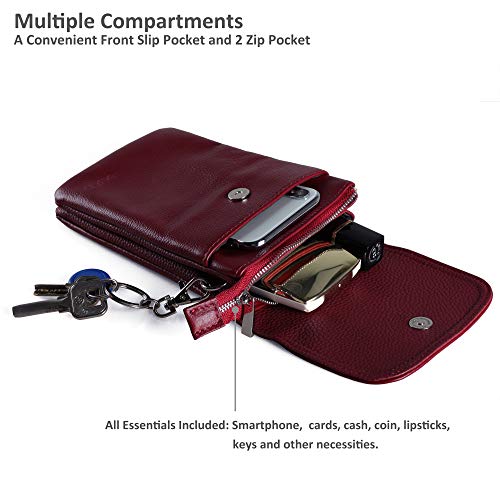 befen Genuine Leather Small Crossbody Bags for Women Cell Phone Bag Cross Body Purses,Silver Zipper - color: Burgundy