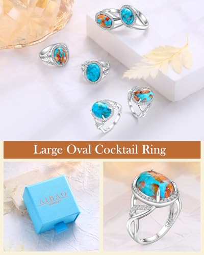 AIBAO 4-12 Ct Large Oval Engagement Rings for Women Natural Turquoise/Lapis Lazuli/Malachite Celtic/Infinity/Love Knot Halo Ring Size 6 to 10 Anniversary Christmas Valentines Gift - style: 4.6 Ct Orange Oyster Turquoise & Created White Sapphire