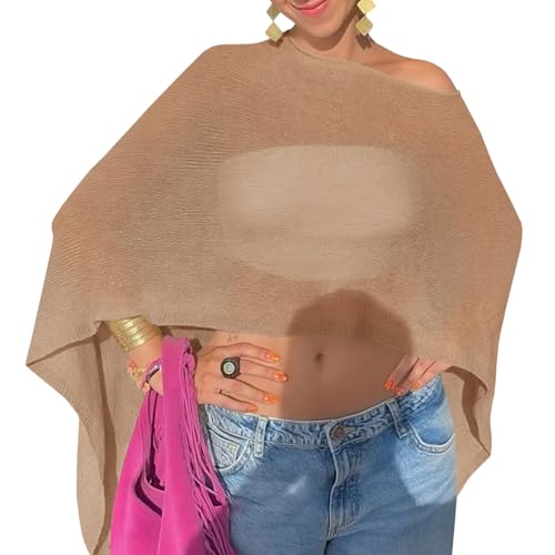 Fisoew Women Sheer Poncho Top Lightweight Knit Crochet Summer Shrug Bolero Off Shoulder Going Out Beach Cover up - color: Khaki, size: X-Large