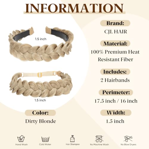 CJL HAIR 2PCs Braided Headbands Hair Piece for Women Synthetic Hair Hoops Head Bands Handmade Braid Hairband Accessories Elastic Stretch Headwrap Dirty Blonde - color: 2PCS-Dirty Blonde