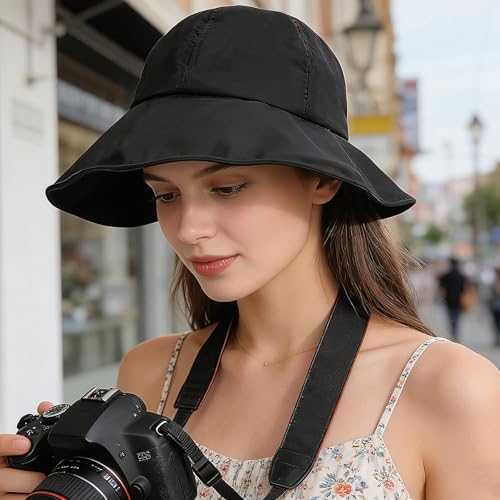 Women Wide Brim Sun Hat Adjustable Packable Beach UV Protection Gardening Hats - color: Black-02