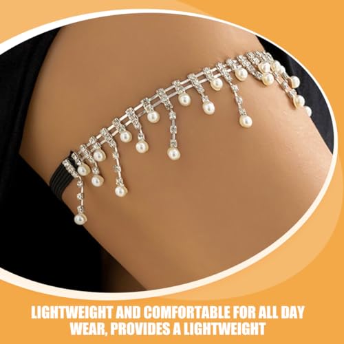 Lurrose Elastic Leg Chain Body Thigh Chain for Women with Full Rhinestone and Faux Pearl Tassel, Adjustable Body Jewelry Accessory for Fashion and Party Wear