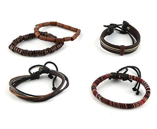 HZMAN Wrap Bracelets Men Women, Hemp Cords Wood Beads Ethnic Tribal Bracelets, Leather Wristbands - style: Classic Style