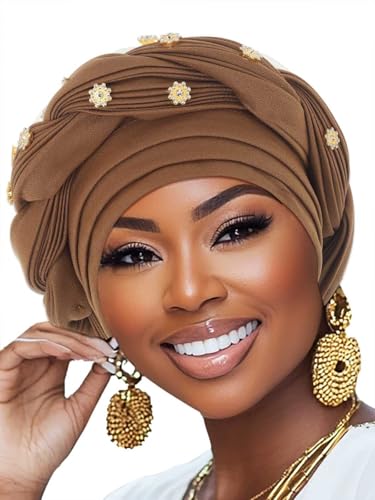 Woeoe Women African Turban Pre-Tied Twisted Beanie Cap Headwear Rhinestone Soft Stretchy Head Turbans - color: Brown