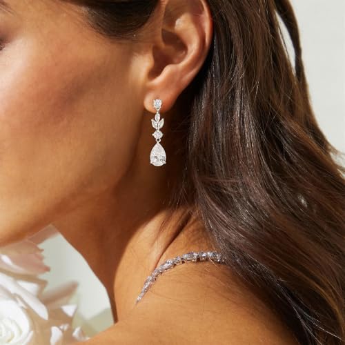 LLWOM 14K Gold/White Gold Plated CZ/Flower/North Star/Leaf Dangle Drop Earrings Studs for Women, Statement Earrings for Wedding Party Prom, Hypoallergenic Jewelry Gift - color: Silver Leaf Teardrop