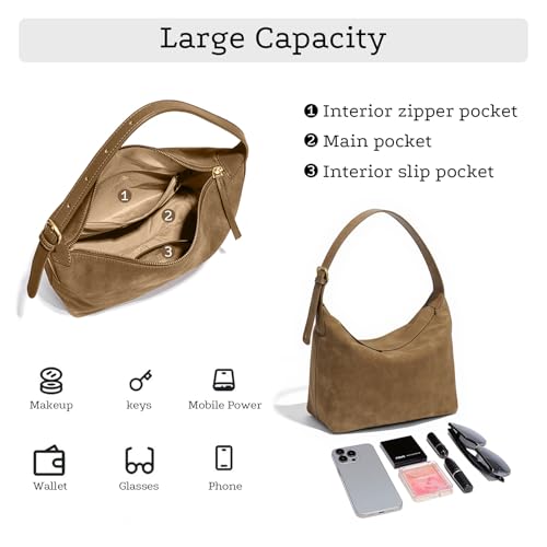 Suede Hobo Bag For Women,Vintage Shoulder Crossbody Purse,Fause Suede Handbag 2 Adjustable Straps,Lightweight Soft - color: Khaki