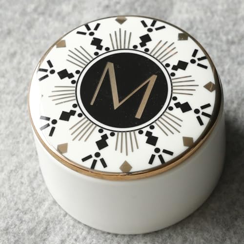 COLLECTIVE HOME - Monogram Jewelry Box, Bohemian Ceramic Trinket Box, Storage for Necklace Ring Bracelet Keys, Birthday Mother's Day Christmas Gift for Women, 3.25" x 2.5" (M) - color: M