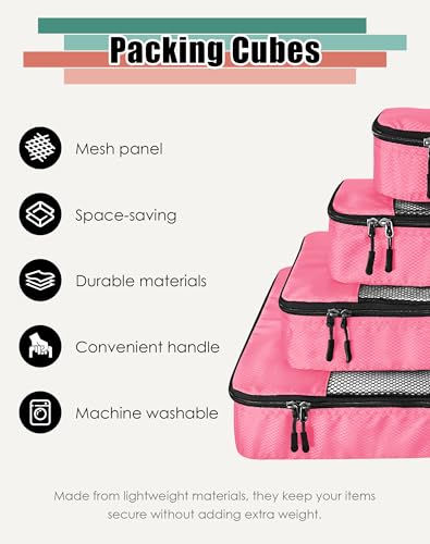 WTREE 4-Piece Packing Cubes Travel Accessories Set for Suitcases - Luggage Organizer Bags with Double Zipper - Mesh Top - Small/Medium/Large/Slim - Pink - color: Pink, size: Slim, Small, Medium, Large