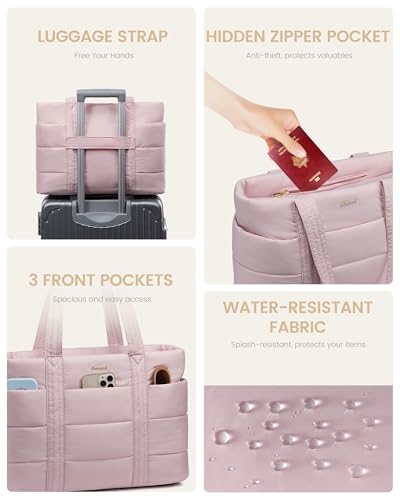 LOVEVOOK Tote Bag for Women, Large Puffer Work Tote Bag for 15.6 Inch Laptop, Lightweight Travel Tote with Zipper Gifts for Women - color: Pink-a, size: 15.6 Inch