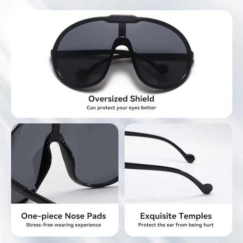 Dollger Oversized One Piece Sunglasses For Women Fashion Men Wrap Around UV400 Shield Goggles - color: 2 Packs: Black+grey