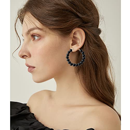 Handmade Nature Wooden Beaded Hoop Earrings Bohemian Minimalist Colorful Circle Round Wood Bead Earrings Vintage Chic Wooden Ethnic Dangle Drop Earrings for Women Statement Jewelry Gifts - color: Black