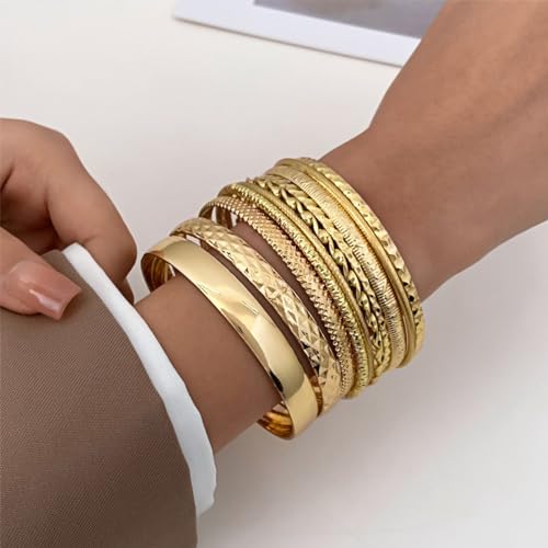 IFKM Gold Chain Bracelets Set for Women, 14K Gold Plated Multiple Layered Stackable Open Cuff Bangle Bracelet Anklet Bracelets Adjustable Link Tennis Beads Italian Cuban Jewelry for Women Gift - style: 10PCS Stack