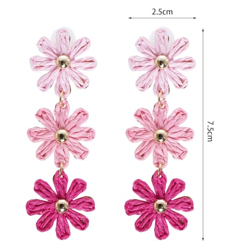 Raffia Flower Earrings Boho Handmade Straw Wrapped Drop Dangle Earrings for Women Summer Beach Jewelry - color: pink