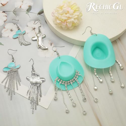 RechicGu 3 Pairs Western Cowgirl Cowboy Hat Earrings Set Silver Symmetric Boots Sparkly Rhinestone Tassels Drop Dangle Rural Culture Earrings Set For Women - color: Silver Boots,Mint Green Hat