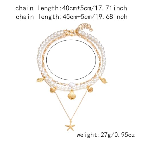 Boho Multi-layered Shell Starfish Necklace Layered Pearl Pendant Choker Necklace Fashionable Clavicle Chain Necklace Seaside Beach Vacation Jewelry for Women - color: Starfish2