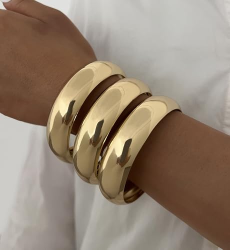 Chunky Gold Bangle Bracelets for Women, Dainty 14k Gold Plated Big Stackable Bangles Set, Trendy Cuff Bracelet Stack Fashion Jewelry Gifts - style: A2-gold