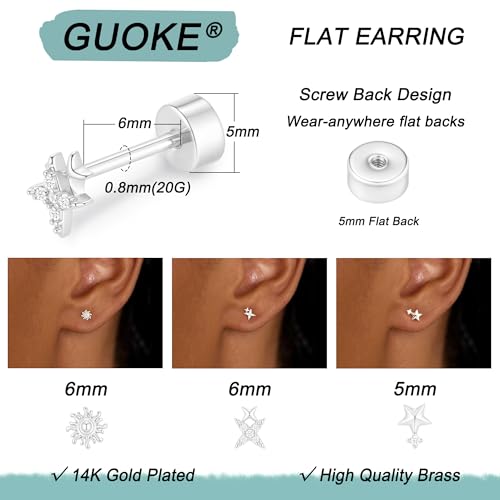 3 Pair Tiny Flat Back Earrings for Women - 14K Gold/White Gold Plated Dainty Cute Small Screw Flatback Stud Earring, Everyday Wear Gift - color: Star&Sun Flat-5/6/7mm Silver