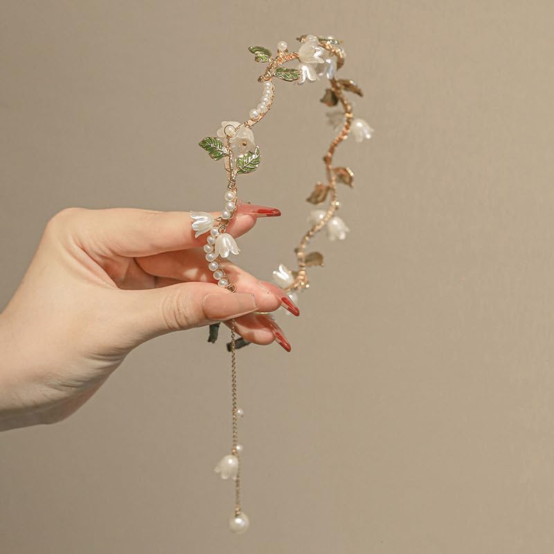 AHONEY Flower Headband for Women Girls Hair Vine Gold Leaf Boho Headband Wedding Fairy Accessories Headpiece Bridal Crown (Floral) - color: Green