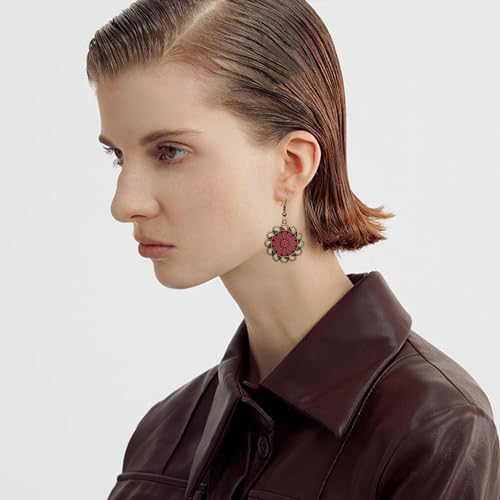 Bohemian Lightweight Vintage Copper Enamel Flower Hollow Dangle Drop Earrings Handmade Retro Circle Floral Hook Earrings For WomenJewelry Gifts - color: Rose Red