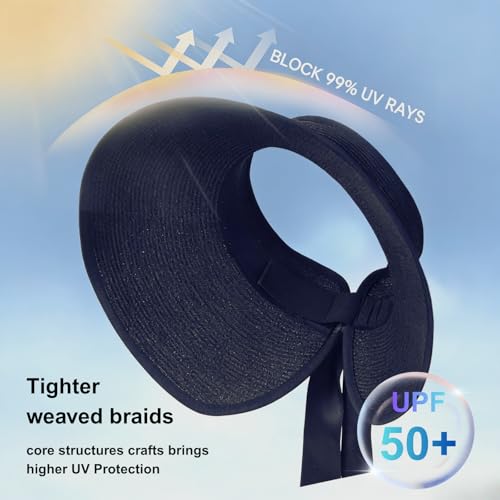 Women's Sun Visor Hats Wide Brim Beach Hat Straw Ponytail Visor Packable Foldable UPF 50+ Floppy Travel Hats - color: Black01
