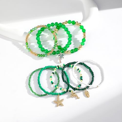 Shell Bracelet Seashell Boho Beaded Stretch Bracelets for Women Summer Beach Bracelets Starfish Charm Bracelet Stackable Gold Plated Bracelets Set for Women - color: f-green2