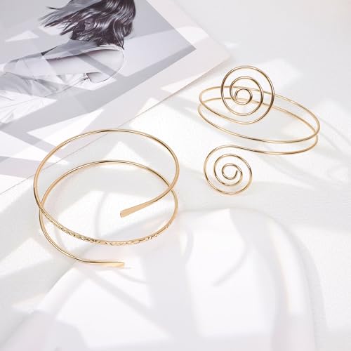 2Pcs Arm Cuff Gold Upper Arm Cuff for Women Adjustable Upper Arm Bracelets Open Irregular Arm Bangle Minimalist Coil Swirl Armlets Armband Jewelry - style: styleF gold