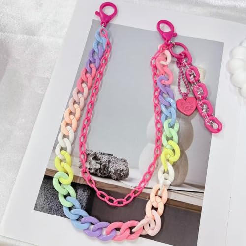 Y2k Heart Pendant Rainbow Acrylic Pants Trousers Chain for Women Chunky Colorful Resin Removable Love Charm Layered Rock Wallet Belt Pocket Waist Jeans Belly Chains Backpack Body Accessories - color: Hot Pink