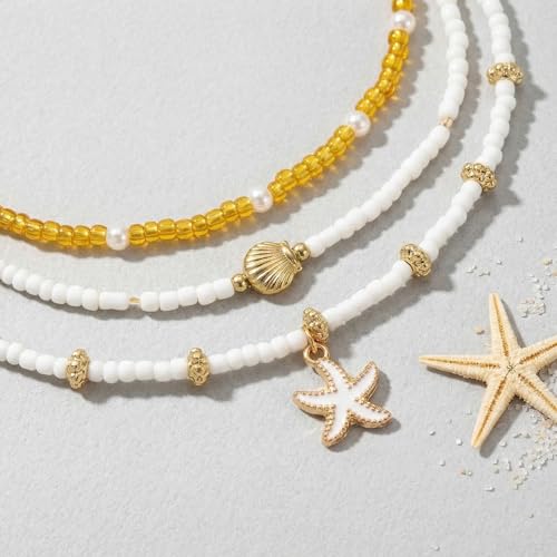 Boho Beads Beach Layered Anklet Set for Women, Handmade Gold Starfish Pearl Shell Anklets Summer Ocean Accessories Jewelry Gift - color: Gold Starfish Shell