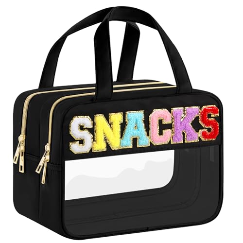 BuyCard Chenille Letter Clear Makeup Bags, Snacks Bag for Travel, Preppy Patch Nylon Cosmetic Bag with Handles and Zipper, Waterproof Large Clear Travel Toiletry Bag Storage Bag for Women Black - color: Black-Snacks