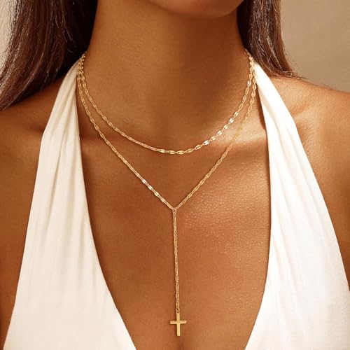 CHESKY Long Necklaces for Women, 14k Gold Plated/Streling Silver Lariat Necklace Dainty Statement Prom Necklace Rosary Cross Sun Drop Pendant Dangle Necklace Gold Prom Jewelry for Women Gifts - style: y necklace 15