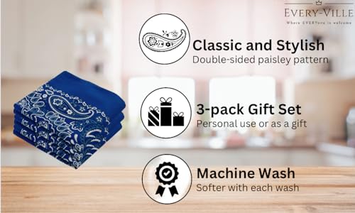 Classic Paisley Bandanas - 3 Pack Gift Set, 100% Cotton, 22x22 Inches - color: Navy Blue