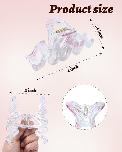 4Pcs Large Hair Claw Clips, Nonslip Cute Jelly Hair Clips for Thick Hair and Long Hair - color: Wave-Silver + Rose Pink + Purple + Blue