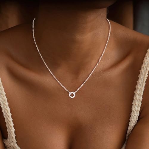 Dainty Gold Necklaces for Women Trendy Non Tarnish 14K Gold Plated Cubic Zirconia Necklace Layered Simple Cute Four Leaf Clover Choker Jewelry Birthday Gifts - color: Silver, style: Cable Small CZ