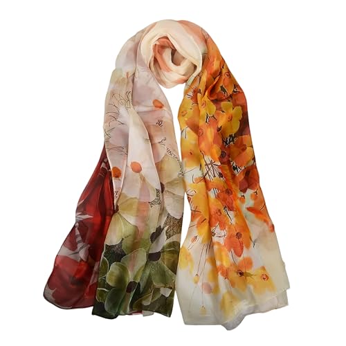 100% Mulberry Silk Women's Neck Silk Scarf-Lightweight Shawl,FLoral Print Beach Silk Wrap-Scarves for Photography - color: Yellow Green Red Floral