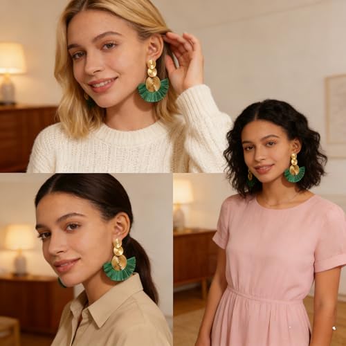 Women's Dark Green Boho Fringe Earrings, Statement Dangling Green Earrings, Bohemian Hippie Fringe Jewelry for Party, Date & Social Occasions