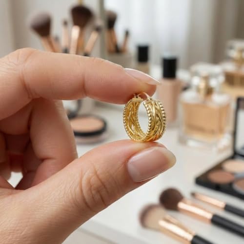 14k Yellow Gold Twisted Braided Hoop Earrings for Women, Textured Beaded Huggie Earrings, Hypoallergenic Minimalist Statement Jewelry 23.3mm*9mm